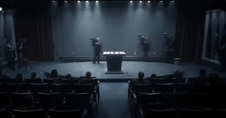 Dim press room with empty podium and unplugged mics—evoking echoes of restraint and strategic silence.