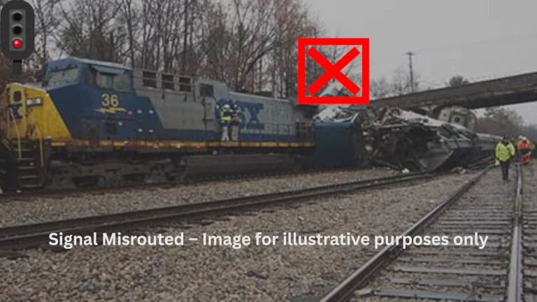 Train derailment near bridge with red “X”—visual metaphor for signal failures, misrouted systems, and institutional breakdown.