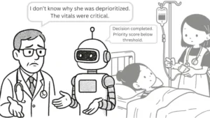 Doctor questioning robot in hospital sketch—illustrating strategic drift in AI decision-making and patient triage.