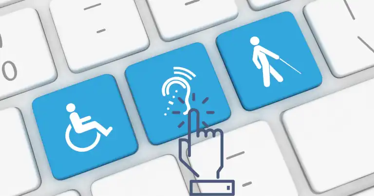 Keyboard with blue keys showing icons for mobility, hearing, and visual support—aligned with accessibility statement.