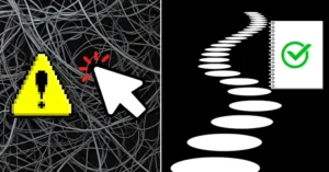 Split image showing tangled wires vs clear path—illustrating AI as support from confusion to clarity.