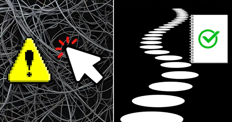 Split image showing tangled wires vs clear path—illustrating AI as support from confusion to clarity.