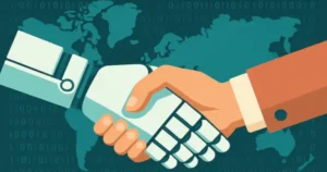 A handshake between robotic and human hands symbolising global AI regulation