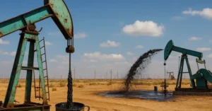 Struggling oil field beside gushing rig—symbolizing signal mismatch and geopolitical asymmetry.