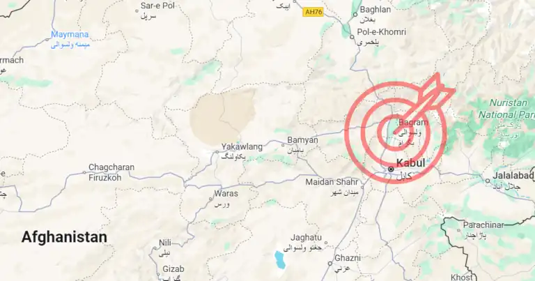 Map of Kabul, Bagram, and Baghlan with red targets—highlighting strategic latency zones in northeastern Afghanistan.