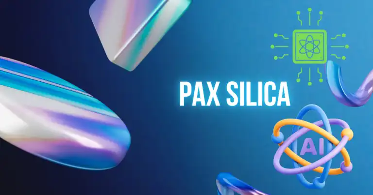 Futuristic Pax Silica branding with microchip and atomic AI icon, symbolising alliance-driven control of global tech infrastructure.