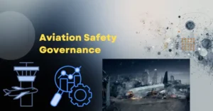 Conceptual graphic showing aviation safety governance icons contrasted with a dramatic crash scene to illustrate oversight consequences.