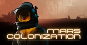 Astronaut in a glowing helmet facing a stylized Martian landscape, symbolizing the ambition and challenges of mars colonization.