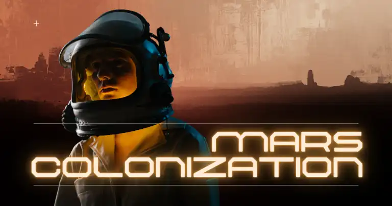 Astronaut in a glowing helmet facing a stylized Martian landscape, symbolizing the ambition and challenges of mars colonization.