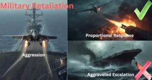 Vector graphic comparing an act of aggression, proportional military retaliation, and aggravated escalation using simple icons.