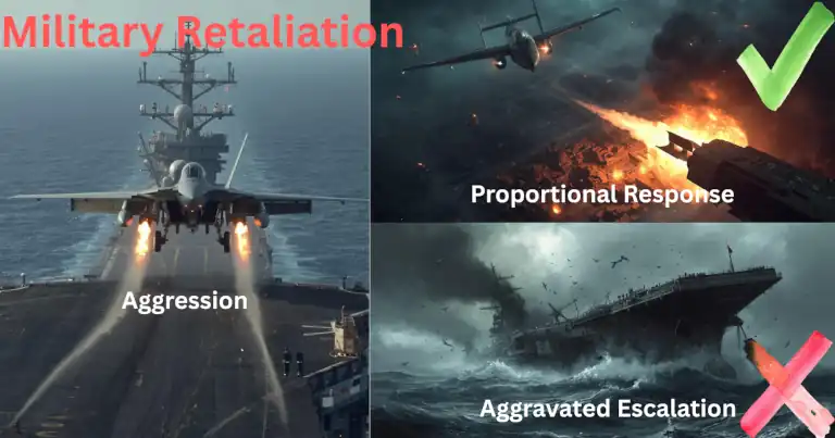 Vector graphic comparing an act of aggression, proportional military retaliation, and aggravated escalation using simple icons.