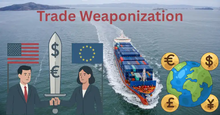 Illustration of trade weaponization showing U.S. and EU figures, a currency sword, and a cargo ship symbolizing coercive global trade power.
