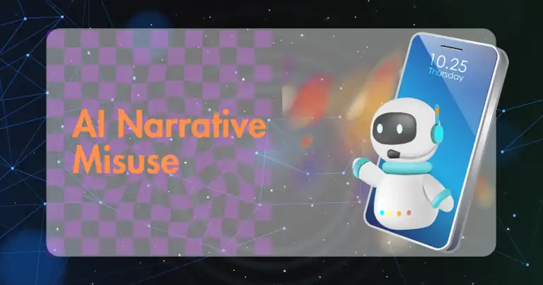 Illustration showing AI narrative misuse with glitch patterns, a robot emerging from a phone, and digital distortion elements.