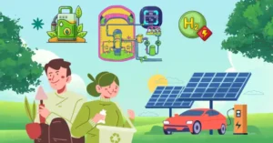 Illustration showing alternative energy sources like solar, hydrogen, biofuels, and thorium, with people practicing sustainability.