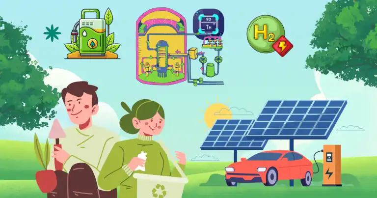 Illustration showing alternative energy sources like solar, hydrogen, biofuels, and thorium, with people practicing sustainability.