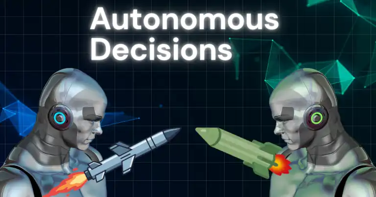 Two AI systems facing each other with missiles, symbolizing superpower tension driven by autonomous decisions.