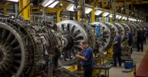 AI‑generated illustration of an aircraft engine assembly line showing technicians working on turbine modules in a factory setting.
