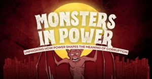 A winged monster looms over a city skyline, symbolizing how power distorts and defines corruption in global systems.
