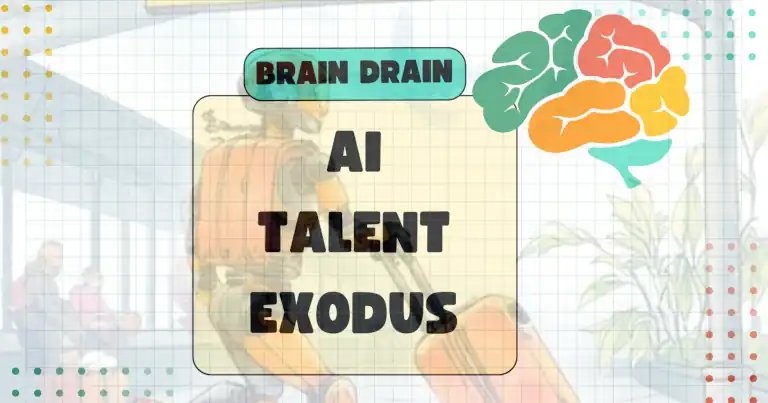 Transparent background figure symbolising brain drain with bold text highlighting the AI Talent Exodus and India’s strategic talent loss.