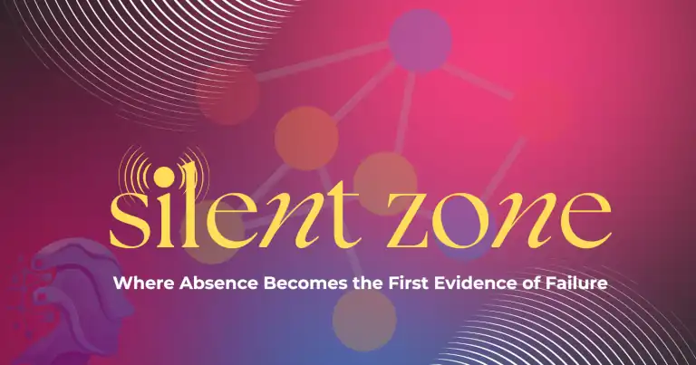 Abstract network graphic illustrating the silent zone, showing connected nodes and a fading signal to depict hidden system failure.